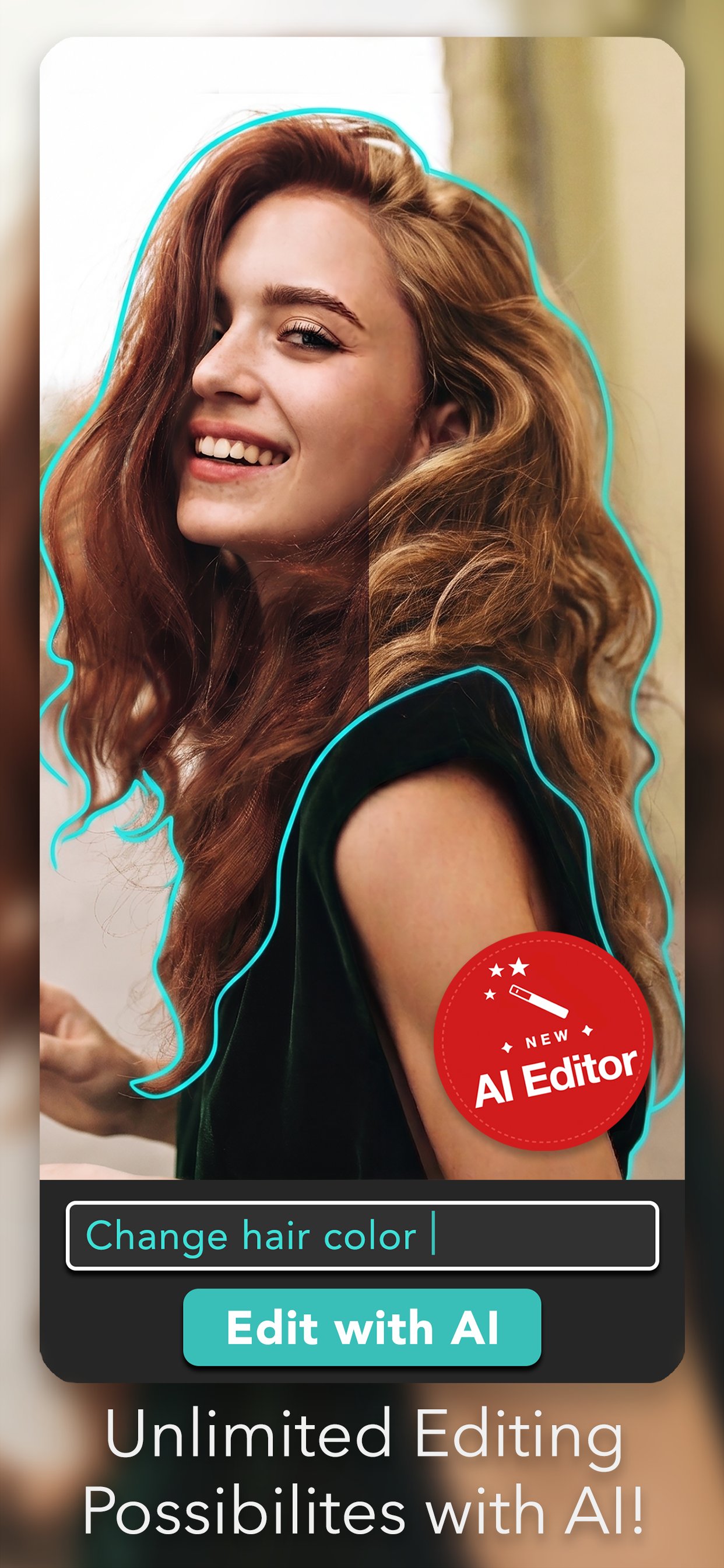 AI Editor in Photo Editor showing a prompt to change hair color