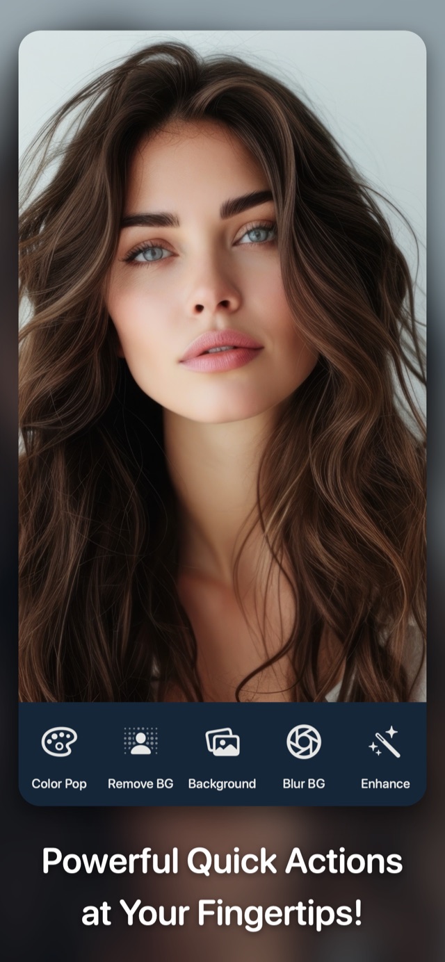 Quick actions — Color Pop, Remove BG, Background, Blur BG and Enhance